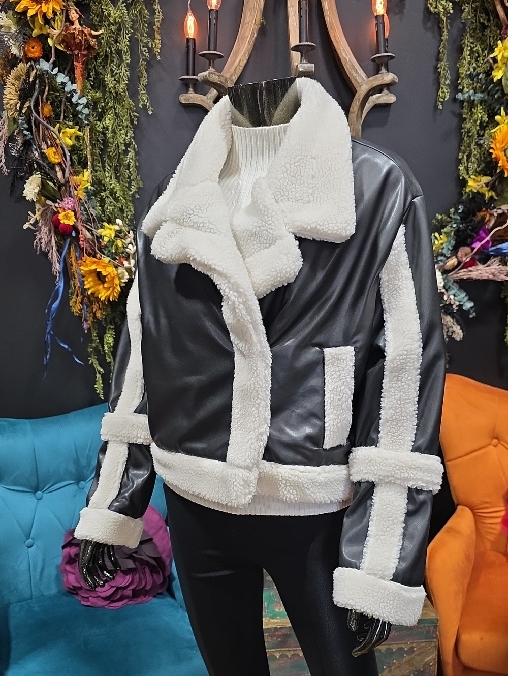 Women’s Black Faux Leather Teddy Jacket with Cream Sherpa Trim
